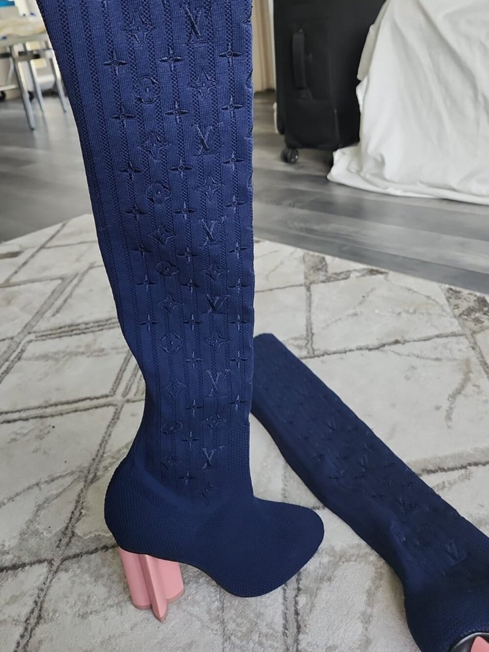 Louis Vuitton Silhouette Monogram Knit Over-the-Knee Boots — Navy